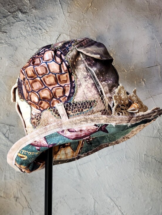 Avant-Garde Top Hat Designer Turtle Patched Raw Upcycled Denim Gold Lace Shell